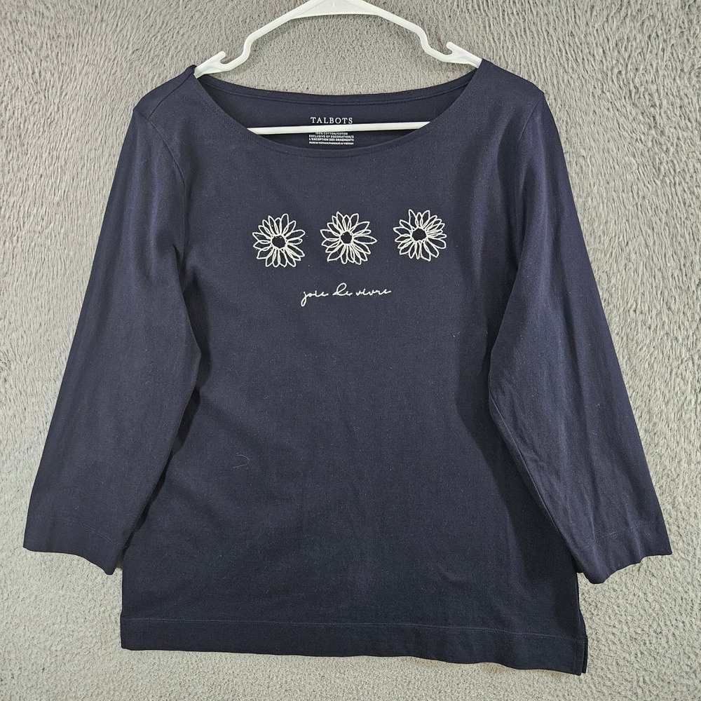 Talbots Womens Navy Blue Joie De Vivre‎ Daisy Embroidered Cotton Top Large L